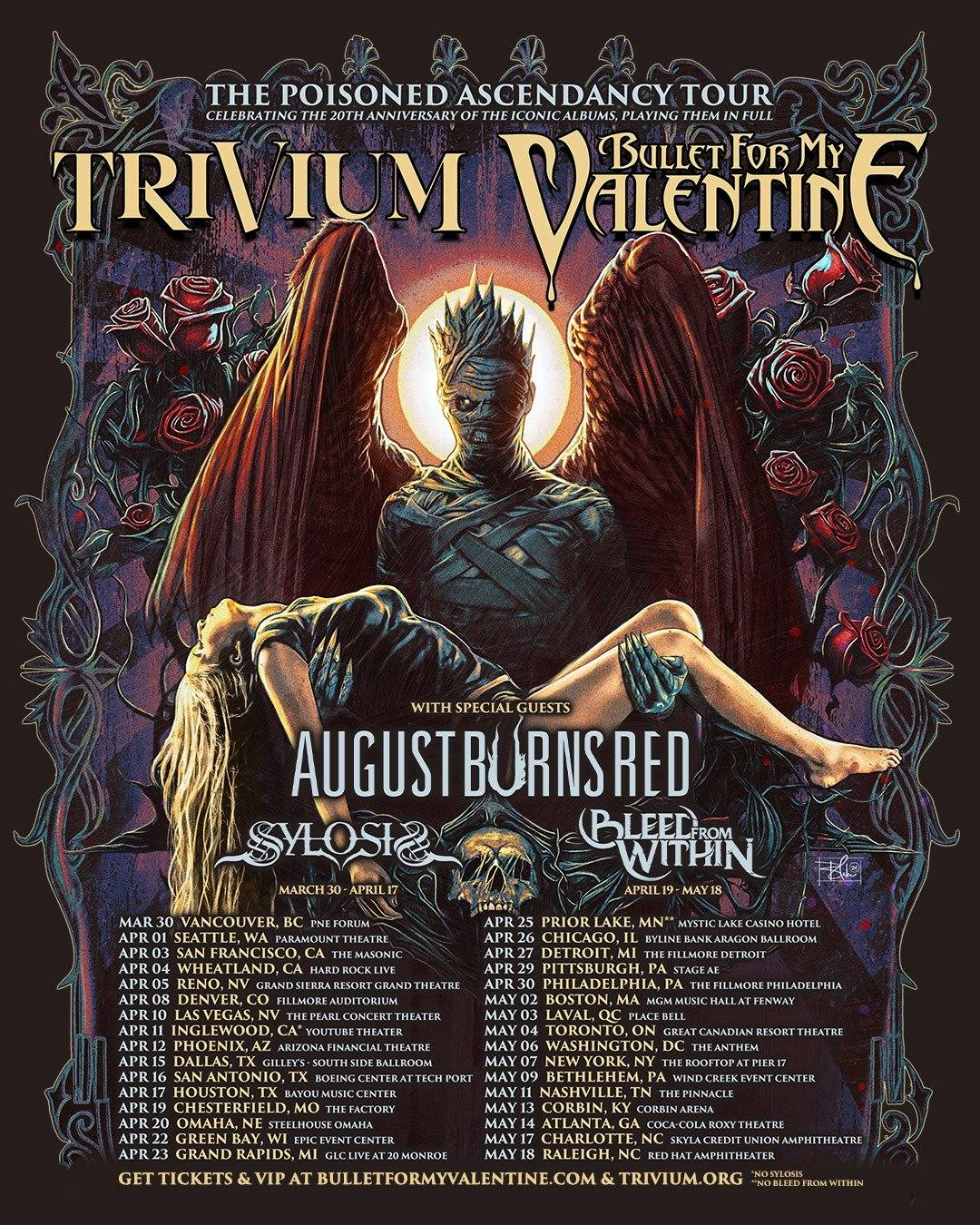 Affiche de la tournée nord-américaine 2025 de Bullet For My Valentine et Trivium pour « Poisoned Ascendancy »
