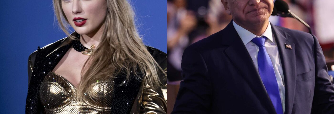 Le candidat démocrate à la vice-présidence Tim Walz salue « son collègue propriétaire de chat Taylor Swift » lors d'un rassemblement dans le Wisconsin