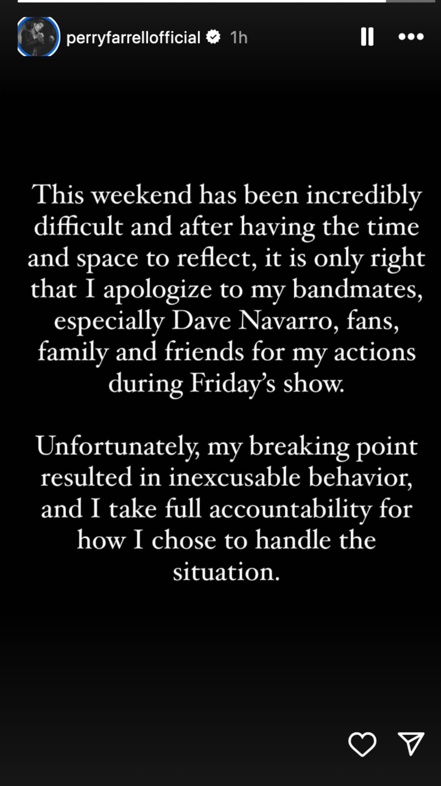 Capture d'écran des excuses de Perry Farrell. Crédit : Instagram de Perry Farrell