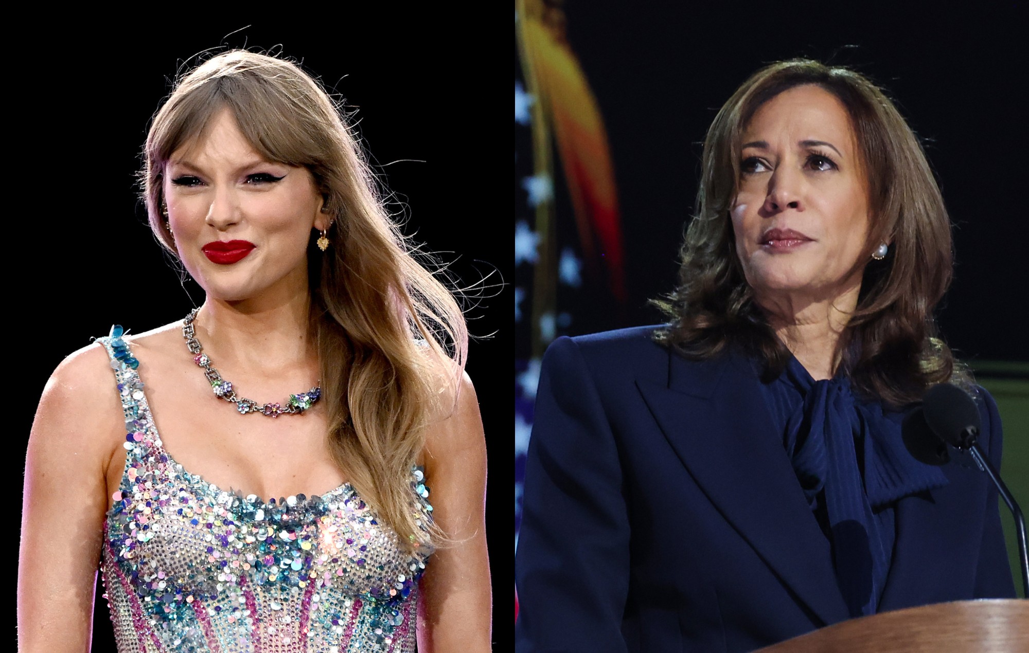 une image composite de Taylor Swift et Kamala Harris