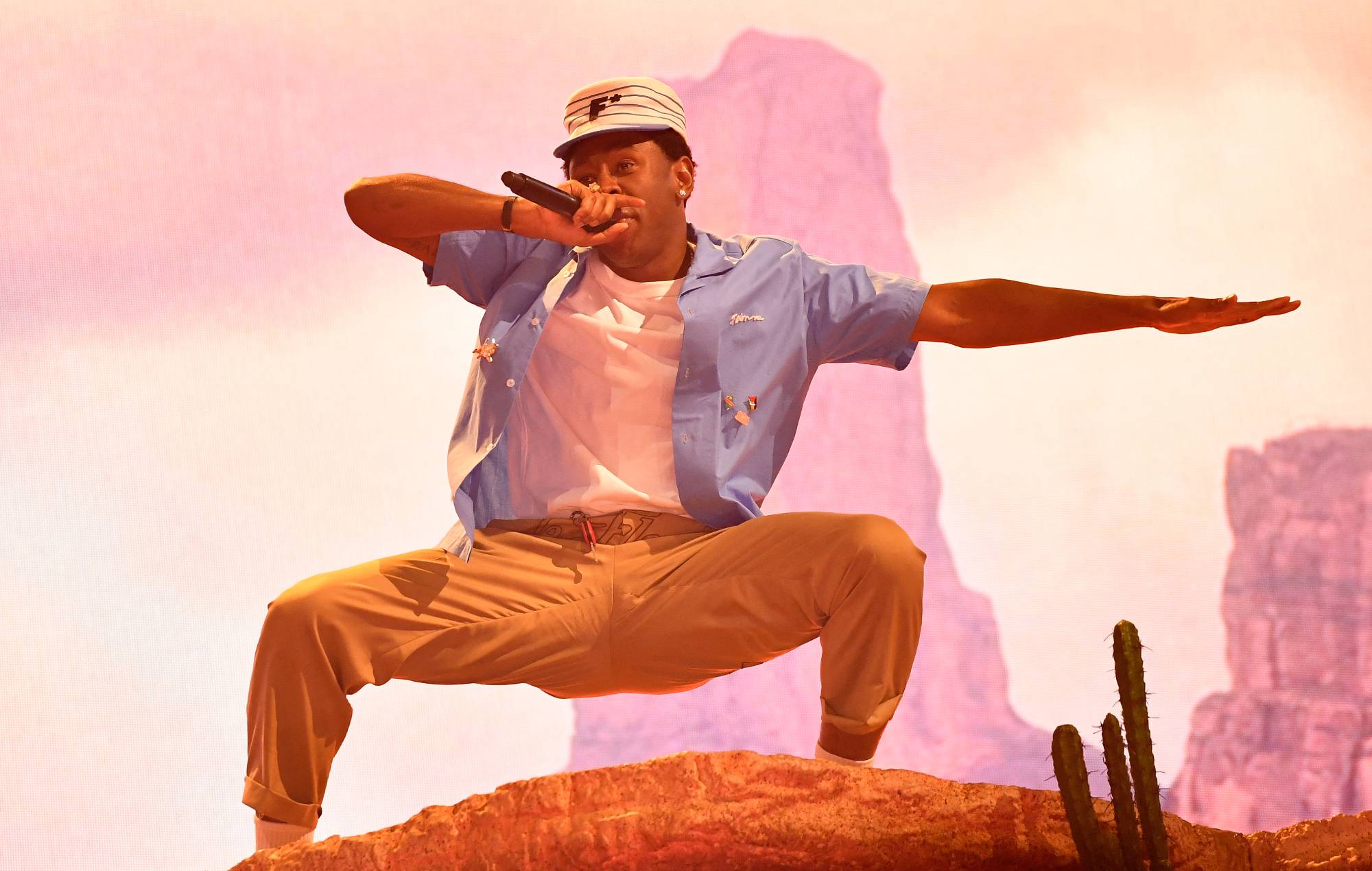 Tyler, the Creator se produit sur scène lors du Coachella Valley Music and Arts Festival à l'Empire Polo Club à Indio, en Californie, le 13 avril 2024. (Photo de VALERIE MACON / AFP) (Photo de VALERIE MACON/AFP via Getty Images)