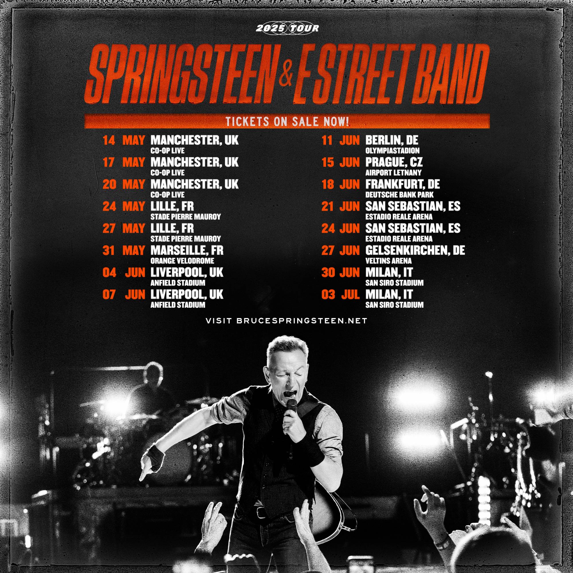 Affiche de la tournée européenne et britannique de Bruce Springsteen 2025. Crédit : PRESSE