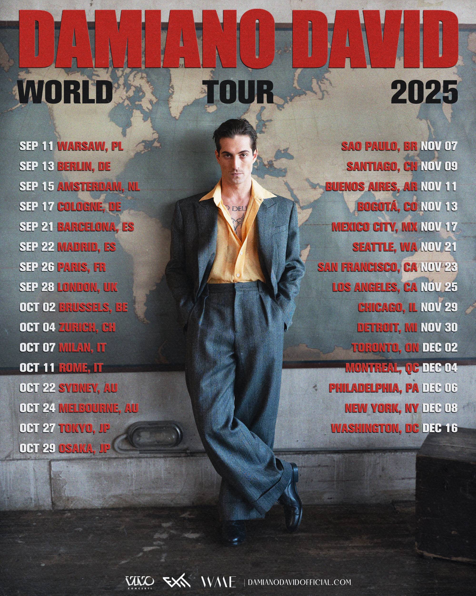 Affiche des dates de la tournée mondiale solo de Damiano David 2025. Crédit : PRESSE