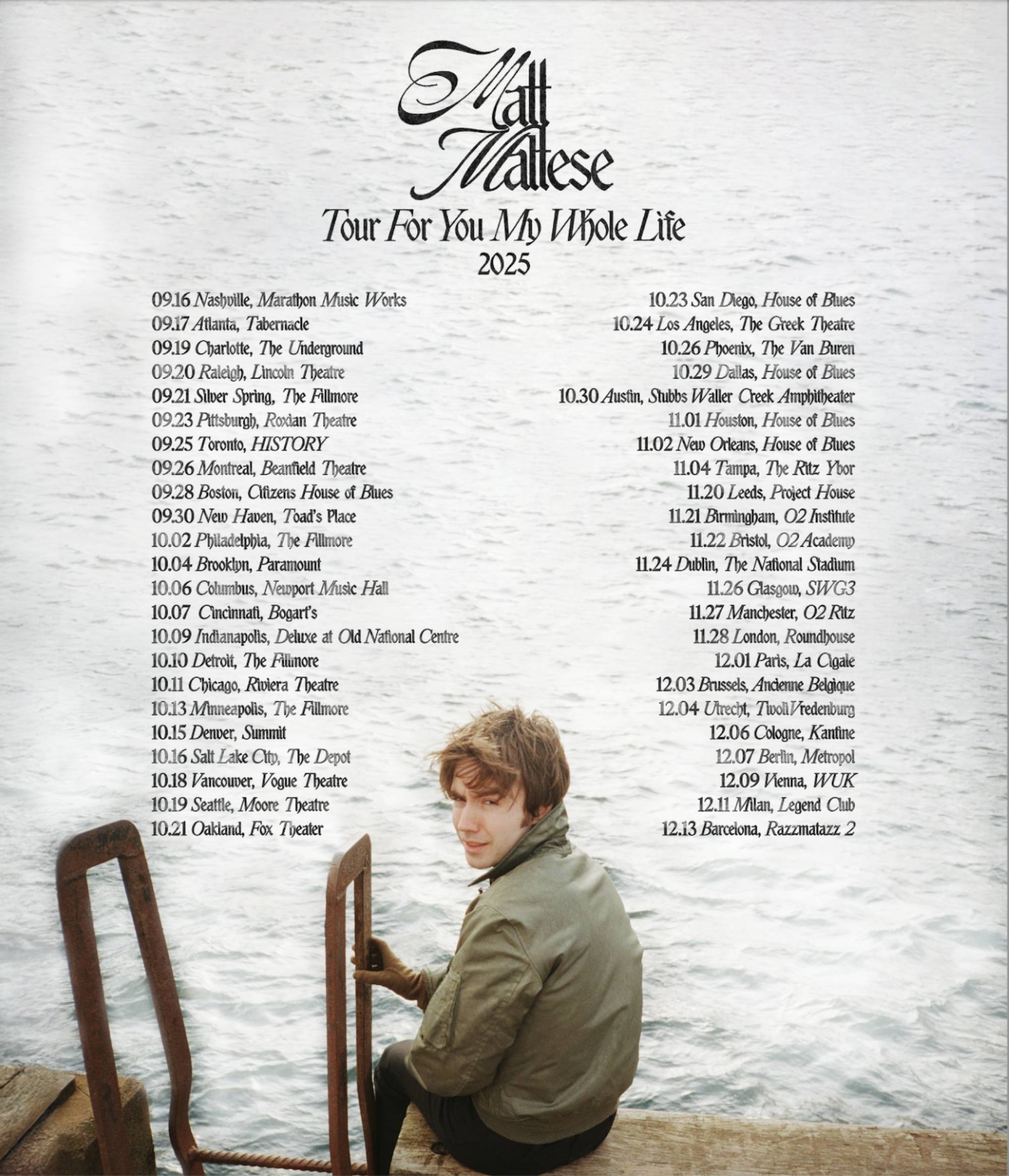 Affiche de la tournée Matt Maltese 2025. Crédit: appuyez sur