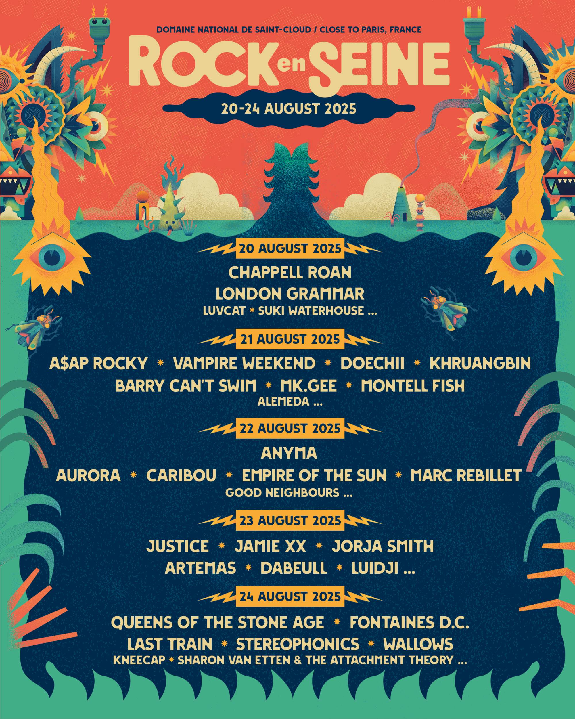 Rock en Seine 2025 Affiche de gamme. Crédit: appuyez sur