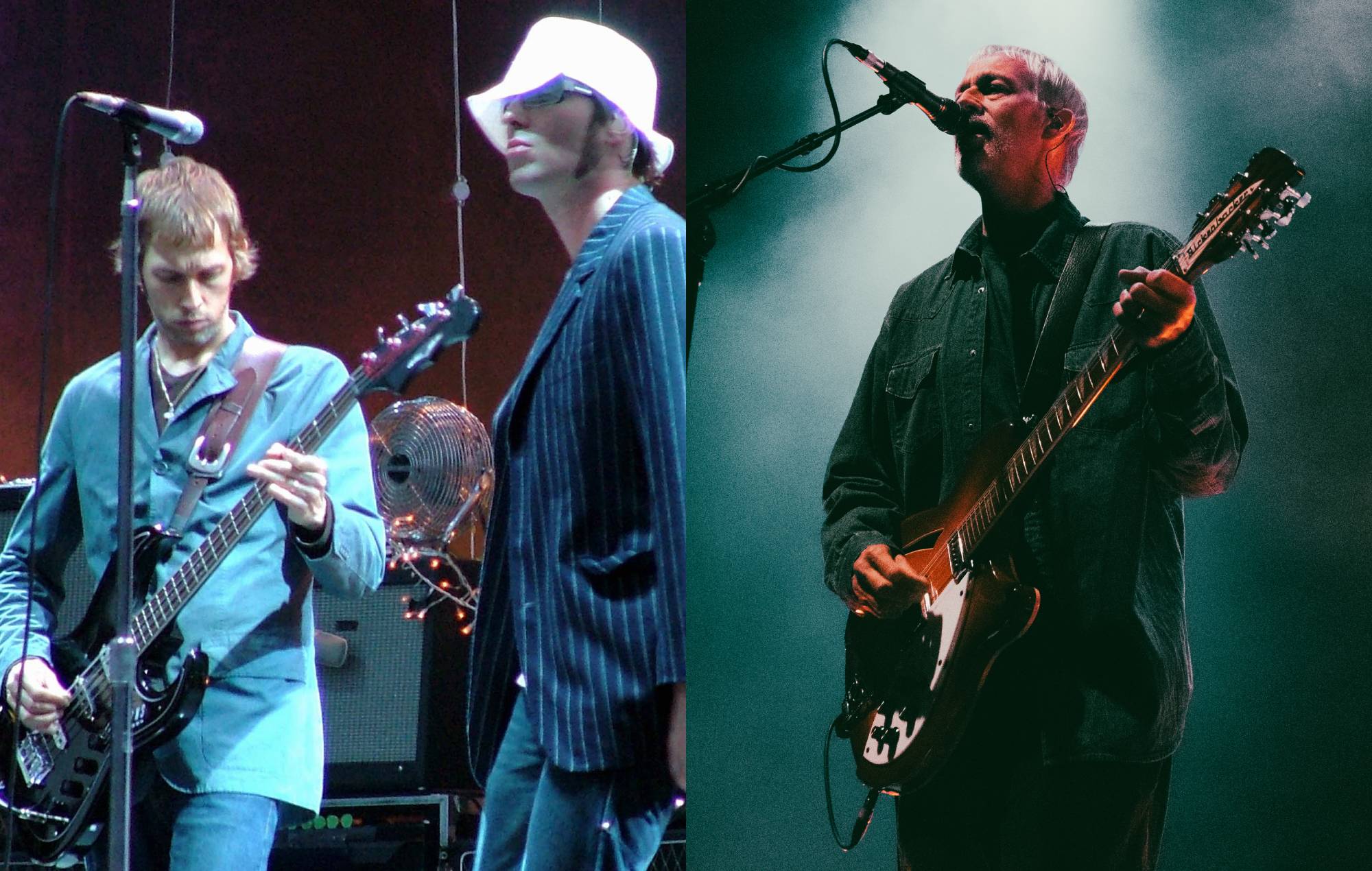 Andy Bell sur scène avec Liam Gallagher à Oasis en 2005, et sur scène avec Ride en 2024. Crédit: Pete Still / Redferns / Chris Putnam / Future Publishing via Getty Images