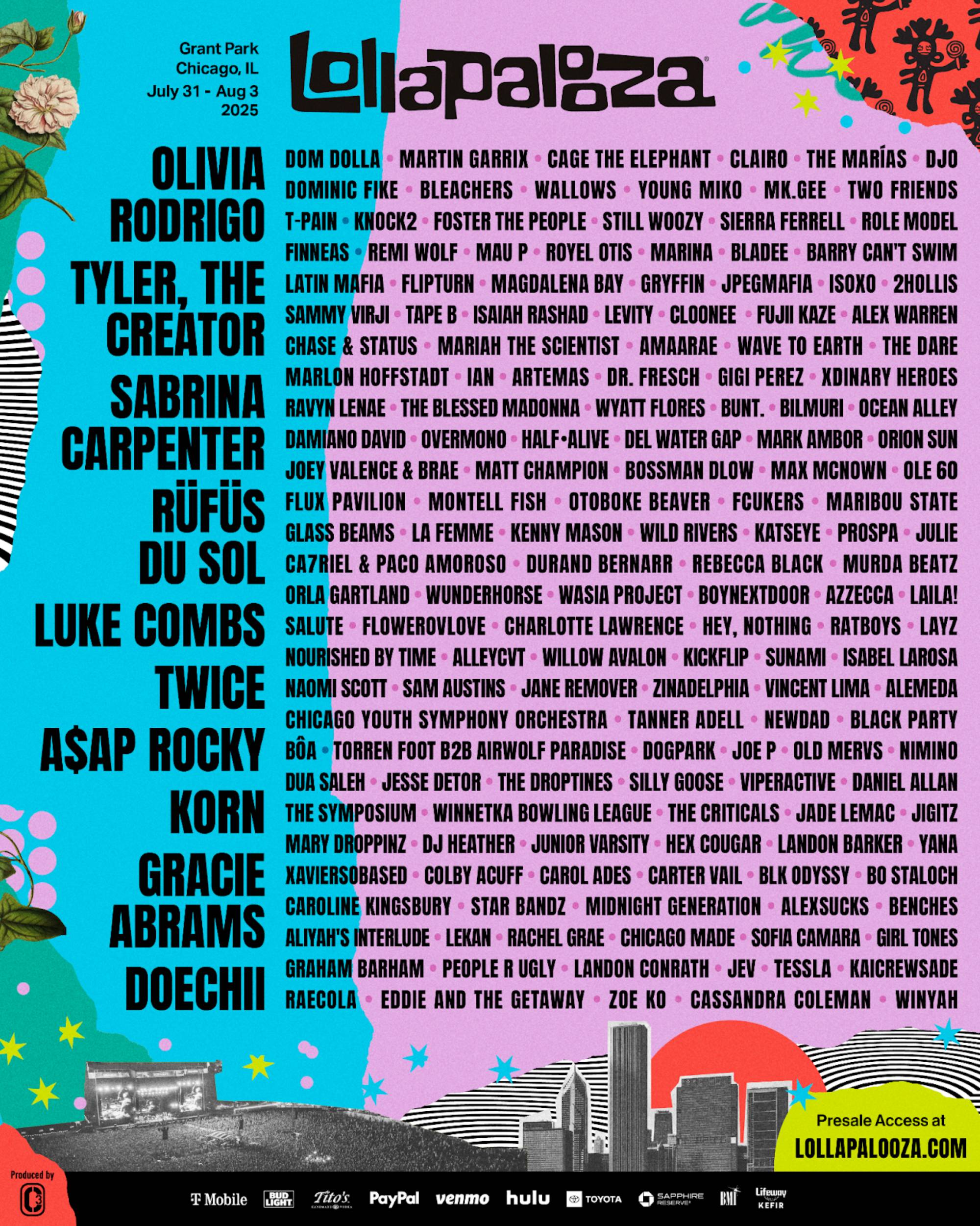 Affiche de gamme Lollapalooza 2025. Crédit: appuyez sur