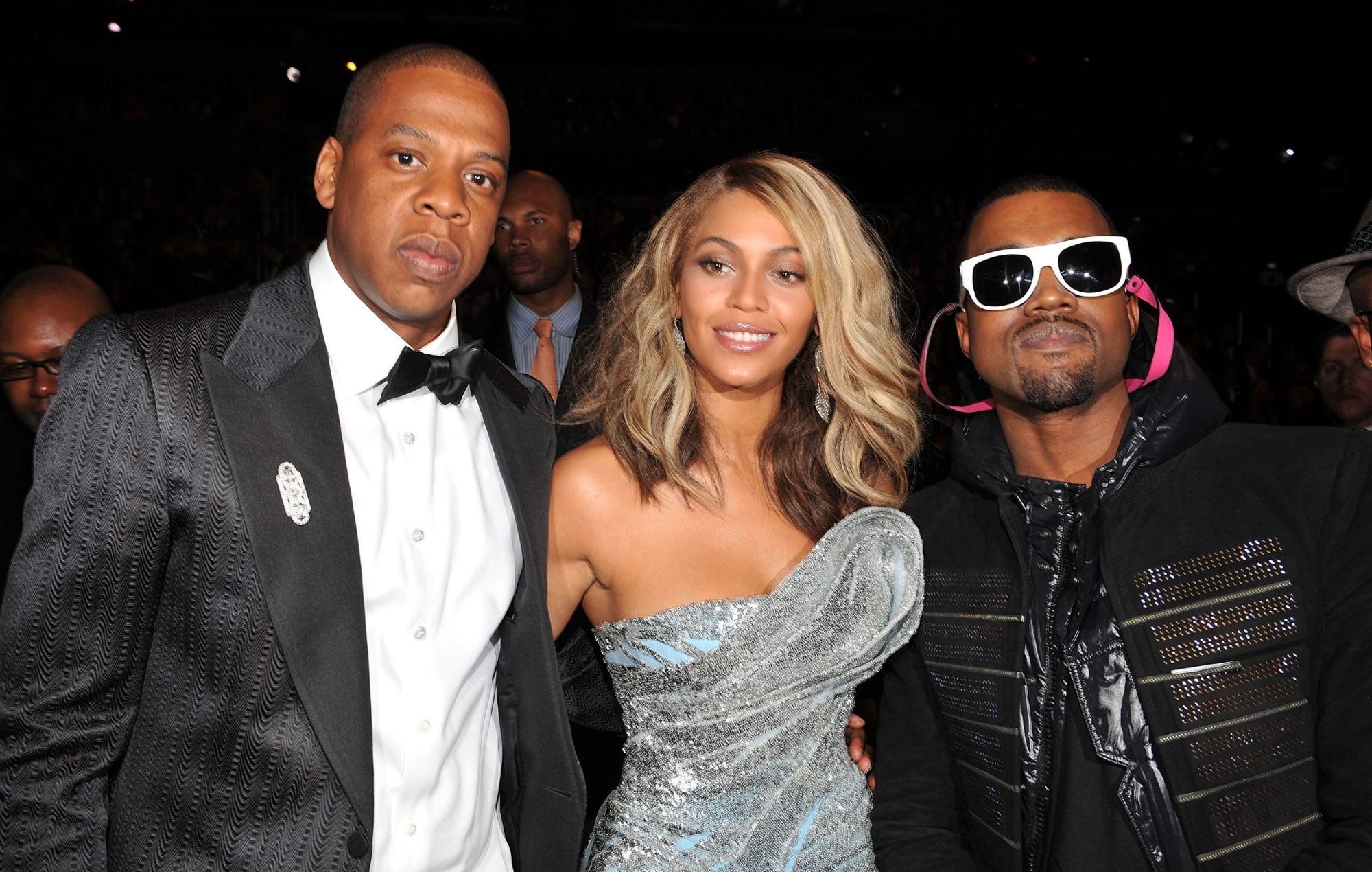 Le rappeur Jay-Z, la chanteuse Beyonce et le rappeur Kanye West