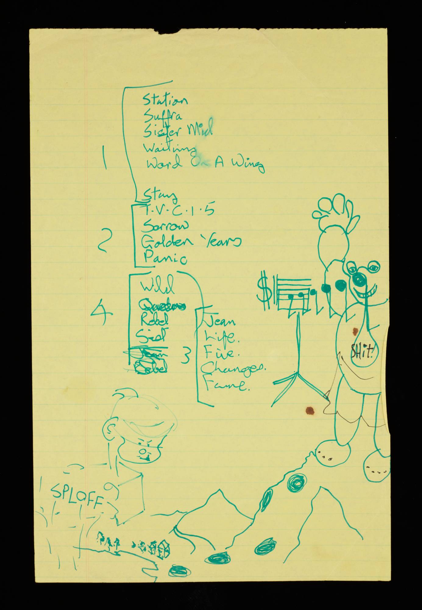 Set List for Album Tour pour 'Station to Station', écrit par David Bowie, 1976, disponible au V&A Storehouse. Crédit: © The David Bowie Archivetm