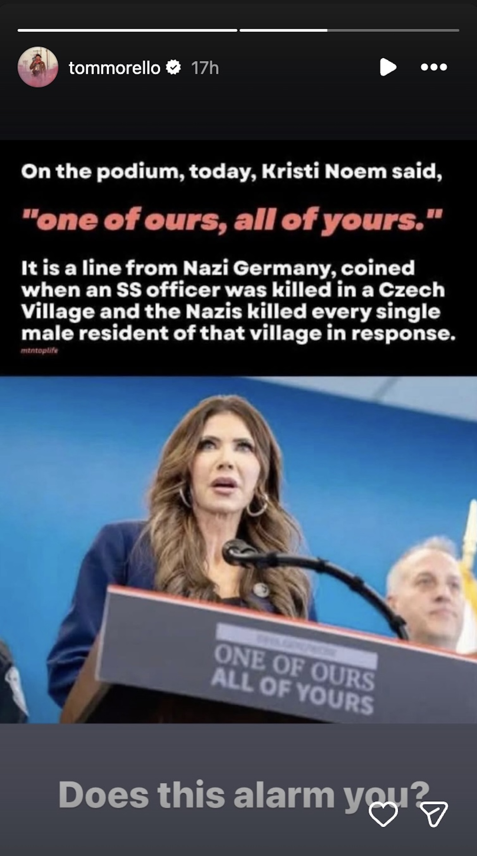 Capture d'écran de la publication de Tom Morello sur Instagram Stories